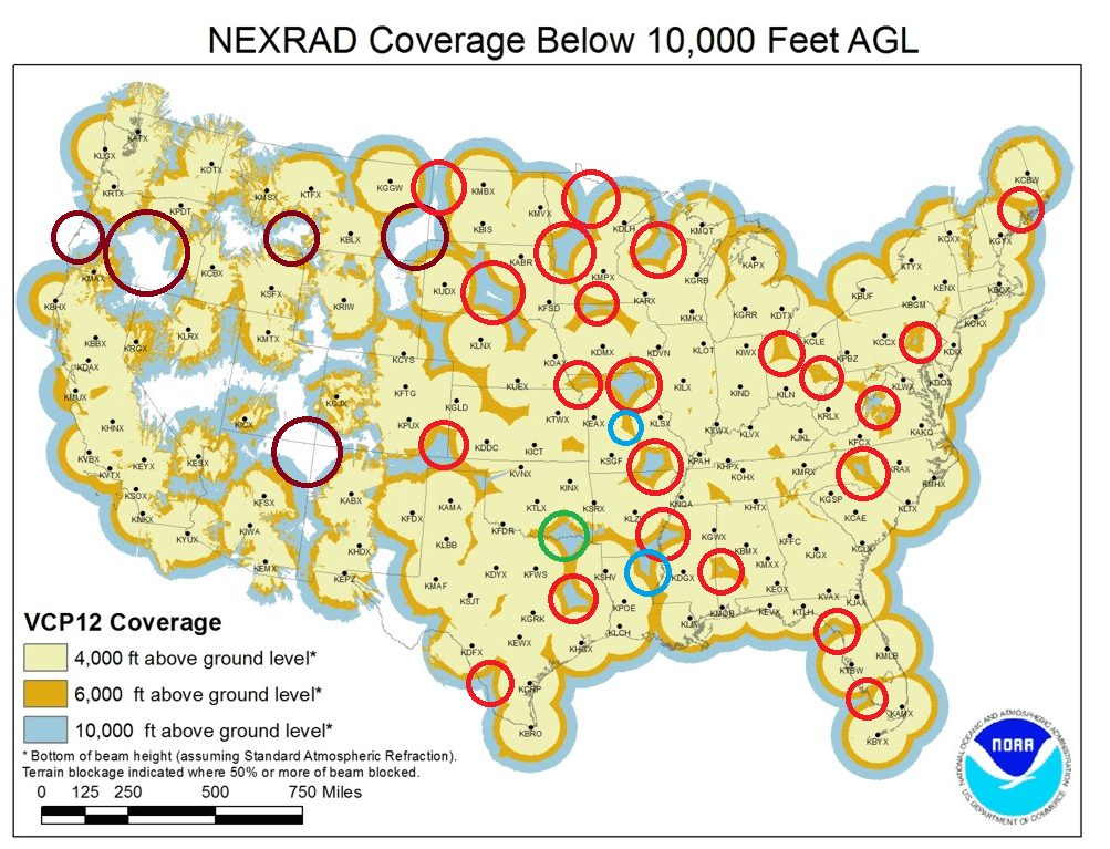 Map showing NEXRAD coverage across the continental United States, showing an overlay of gaps in radar coverage.